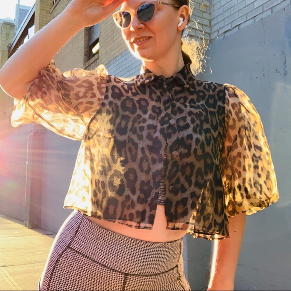 Zara Transparent Leopard Puff Sleeve Crop Blouse - Picture 8 of 16